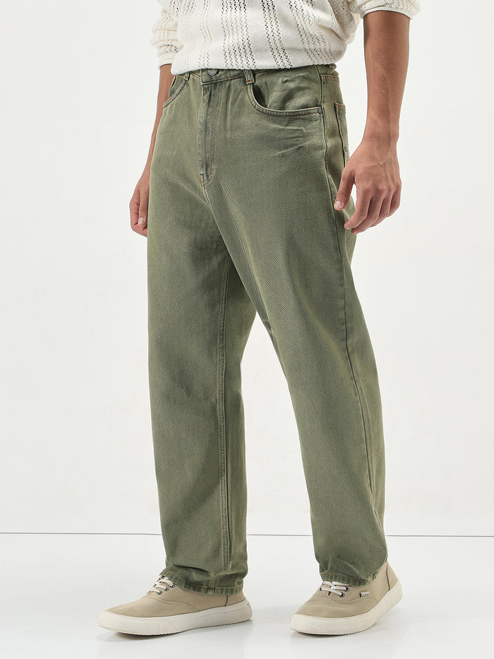 Men's Light Green  Loose Baggy Fit Washed Jeans Non-Stretchable