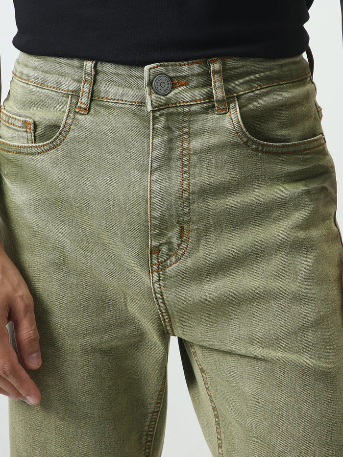 Men's Light Green Straight Fit Heavy Washed Jeans Stretchable
