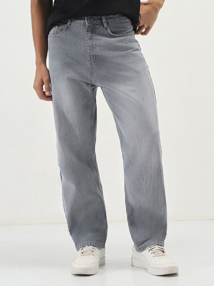 Men's Light Grey Loose Baggy Fit Washed Denim Jeans Non-Stretchable