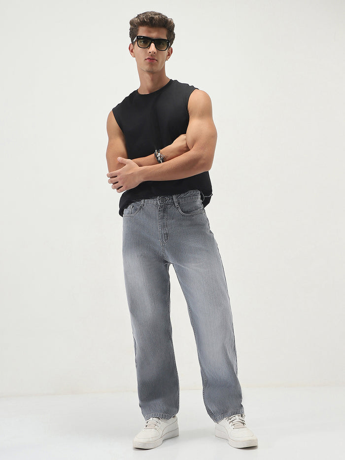 Men's Light Grey Loose Baggy Fit Washed Denim Jeans Non-Stretchable