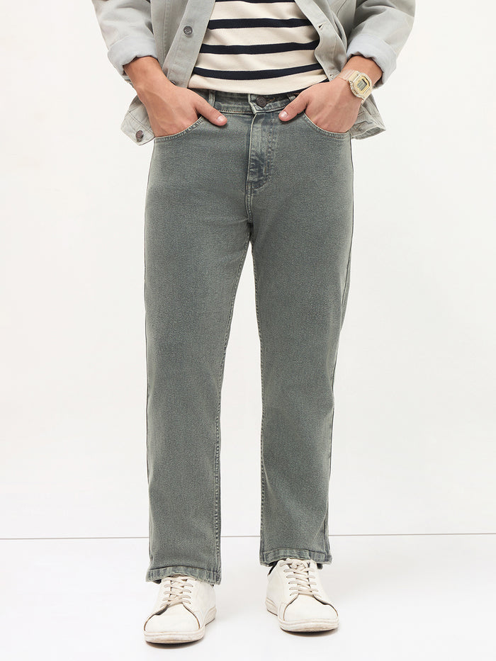Men's Light Grey Regular Fit Towel Washed Yellow Tint Denim Jeans Stretchable