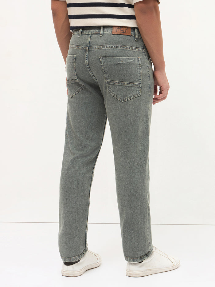 Men's Light Grey Regular Fit Towel Washed Yellow Tint Denim Jeans Stretchable