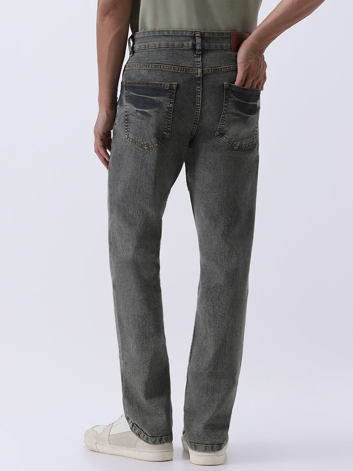 Men's Light Grey Straight Fit Heavy Washed Jeans Stretchable
