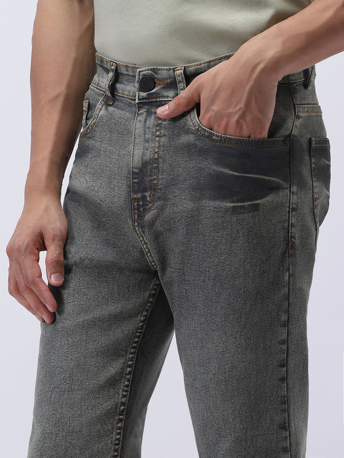 Men's Light Grey Straight Fit Heavy Washed Jeans Stretchable