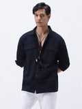 Men's Navy Cotton Full Sleeve Relaxed Fit Shacket with Utility Pockets
