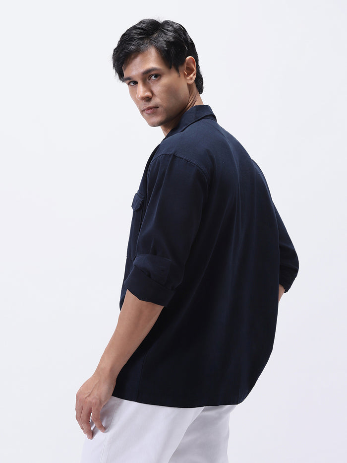 Men's Navy Cotton Full Sleeve Relaxed Fit Shacket with Utility Pockets