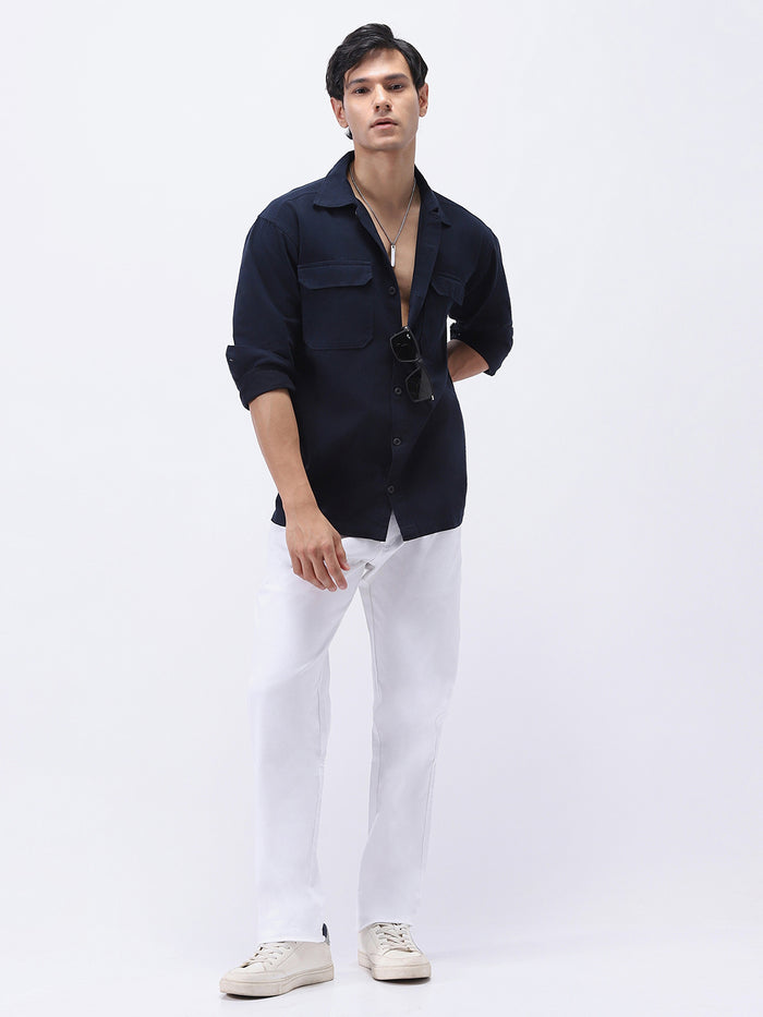 Men's Navy Cotton Full Sleeve Relaxed Fit Shacket with Utility Pockets