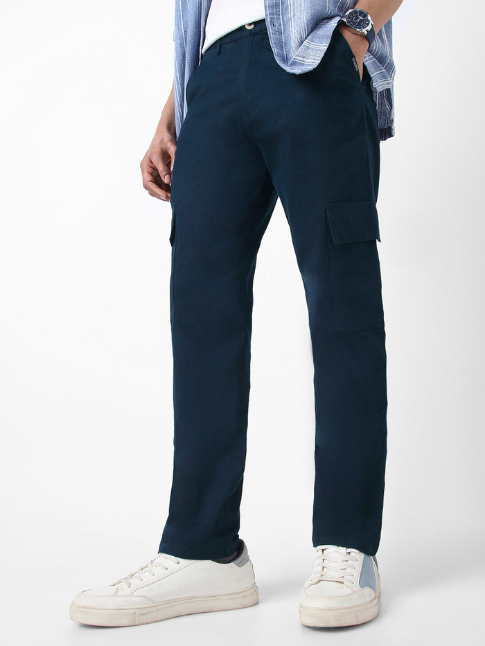 Men's Navy Regular Fit Solid Cargo Chino Pant with 6 Pockets Stretchable