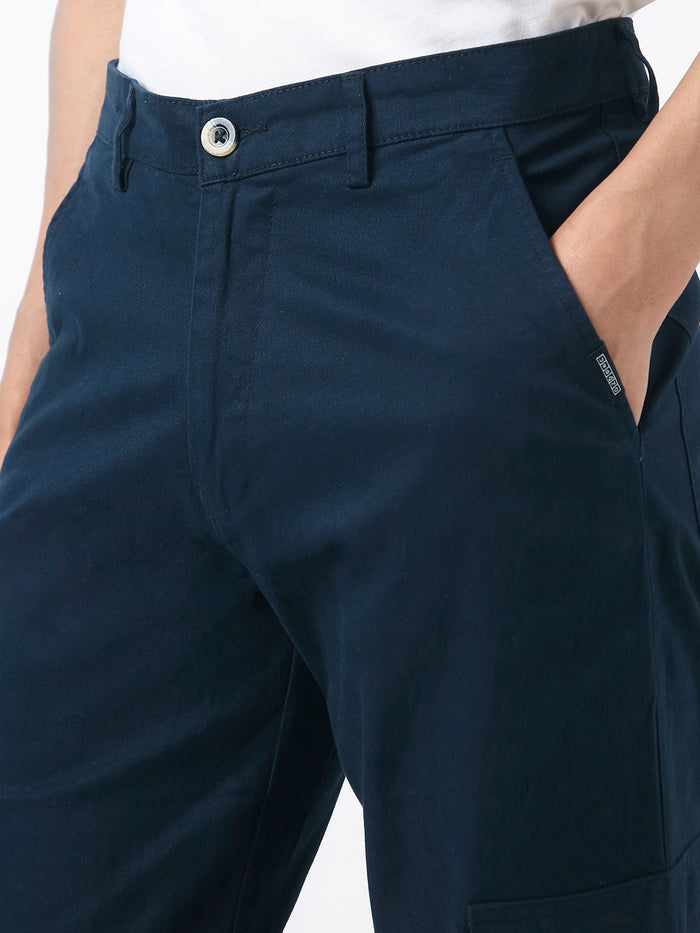 Men's Navy Regular Fit Solid Cargo Chino Pant with 6 Pockets Stretchable