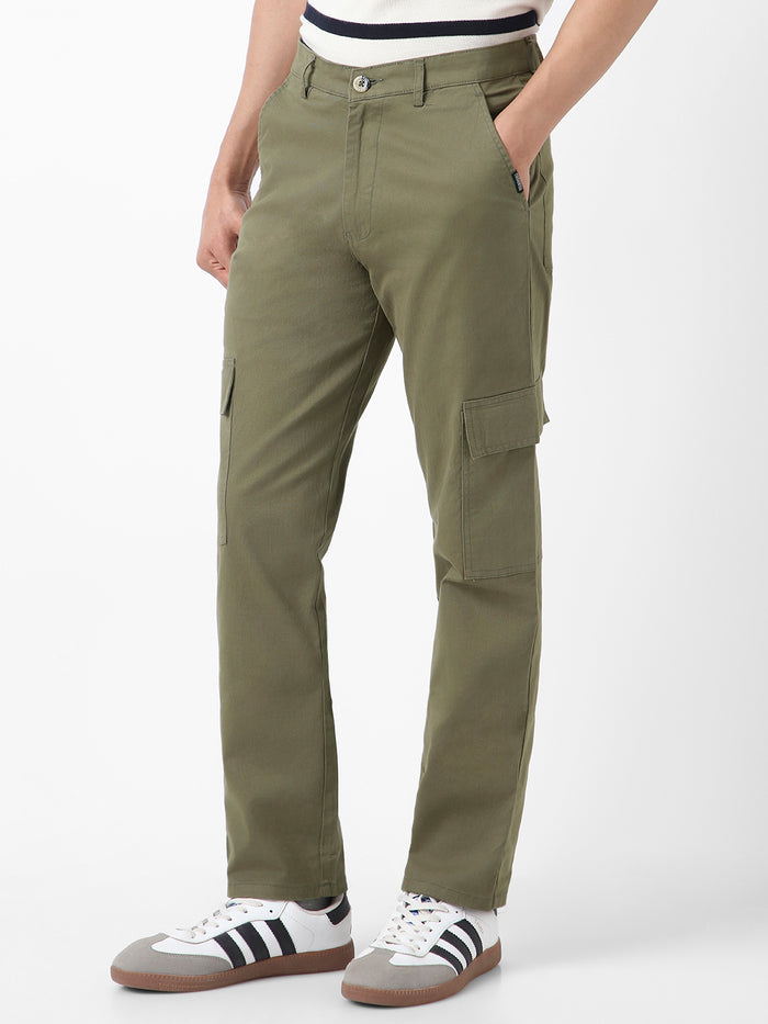 Men's Olive Regular Fit Solid Cargo Chino Pant with 6 Pockets Stretchable