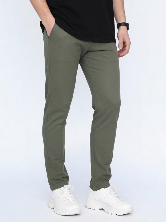 Men's Sage Green Straight Fit Mid Rise Cotton Casual Chinos Trousers Stretch
