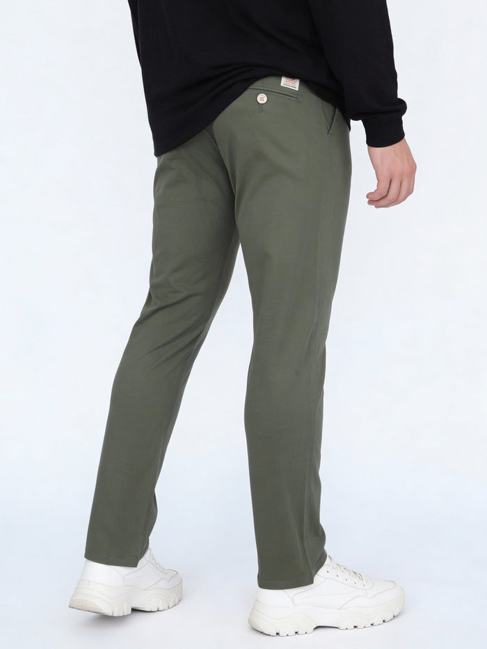 Men's Sage Green Straight Fit Mid Rise Cotton Casual Chinos Trousers Stretch