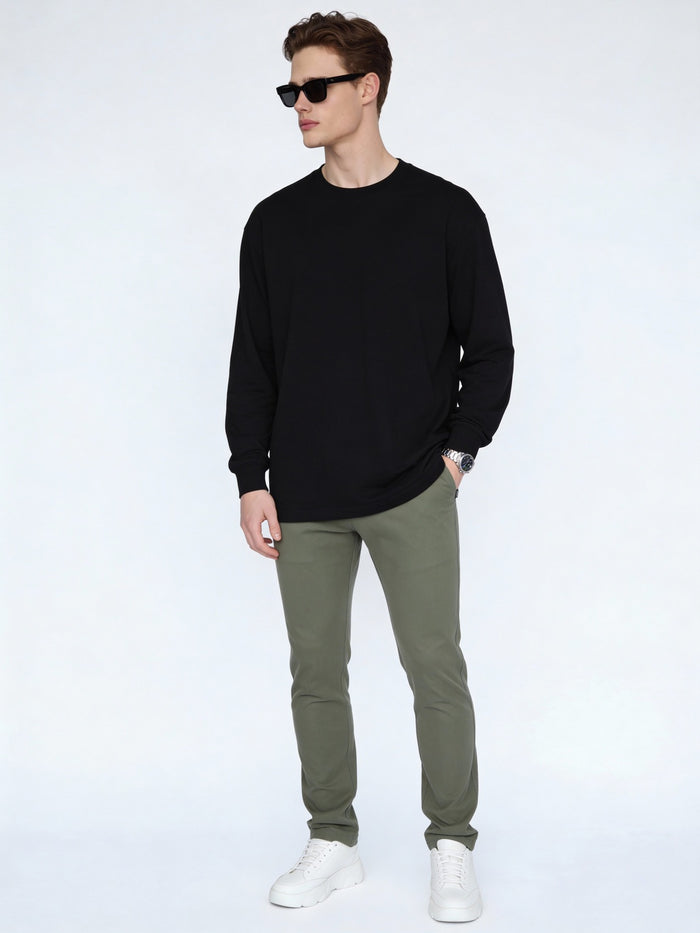 Men's Sage Green Straight Fit Mid Rise Cotton Casual Chinos Trousers Stretch