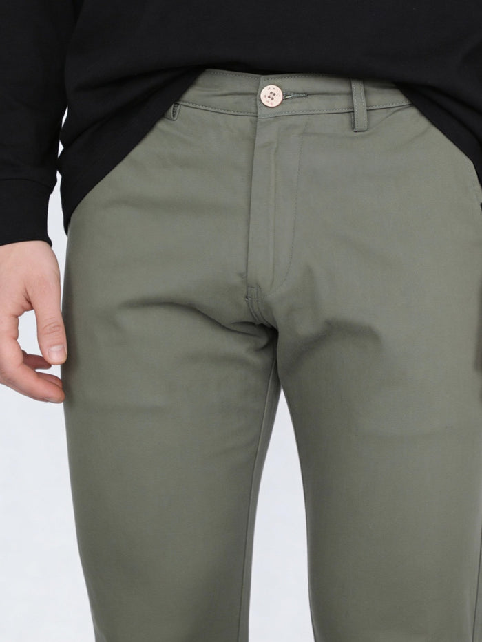 Men's Sage Green Straight Fit Mid Rise Cotton Casual Chinos Trousers Stretch