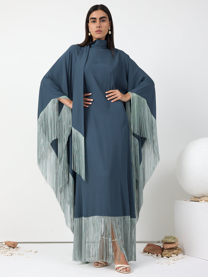 Mint Fringed Kaftan Dress With Tie Neck Detailed - Store WF