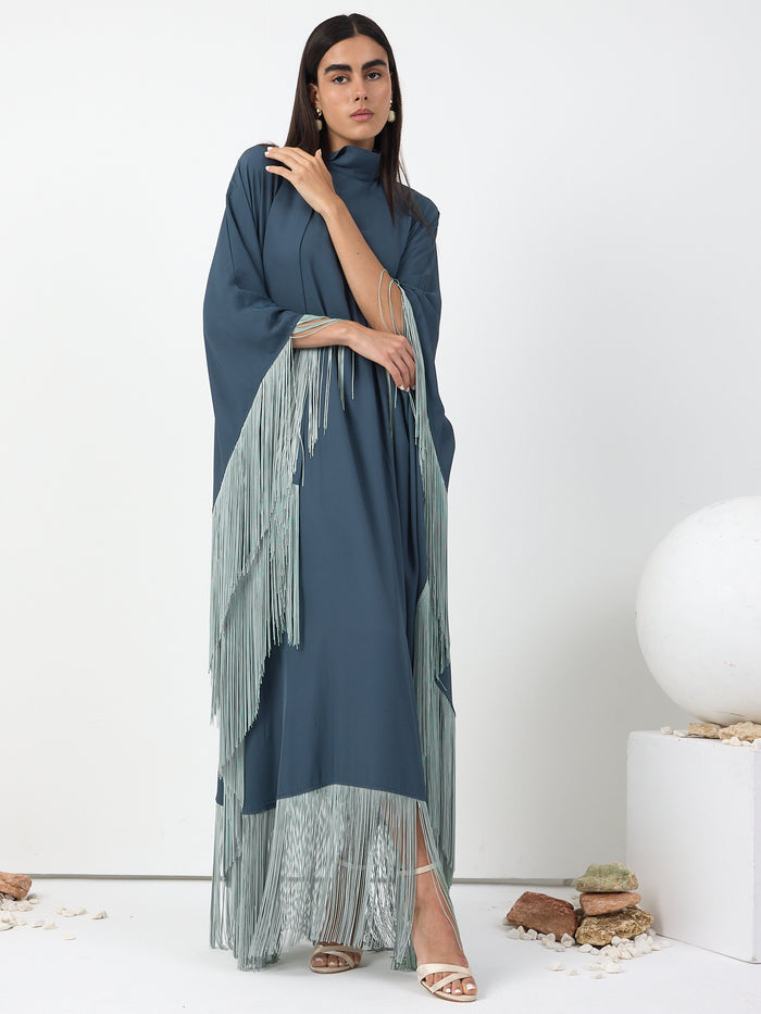 Mint Fringed Kaftan Dress With Tie Neck Detailed - Store WF