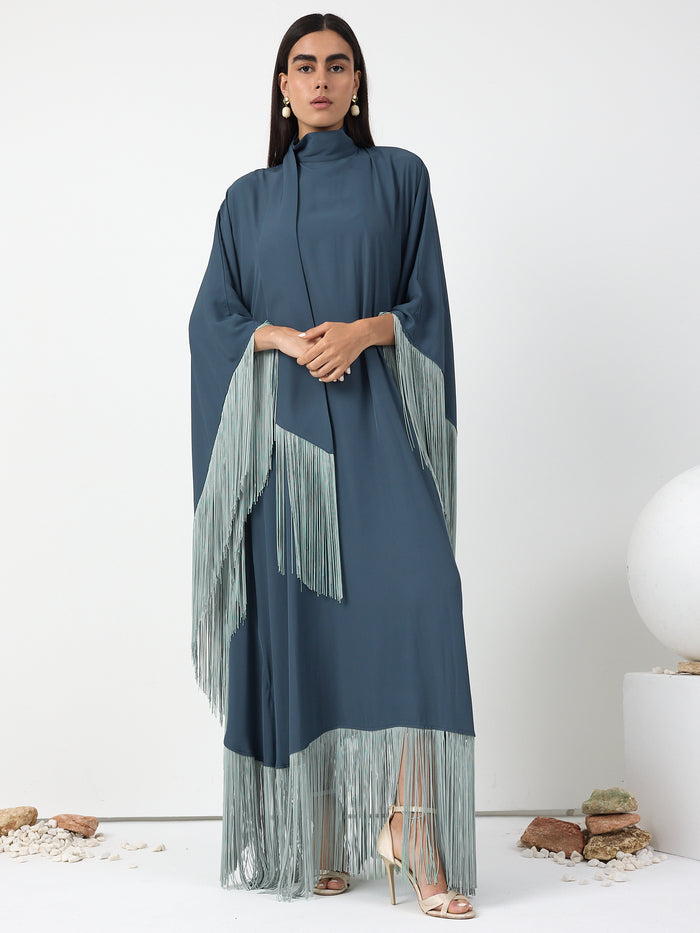 Mint Fringed Kaftan Dress With Tie Neck Detailed - Store WF