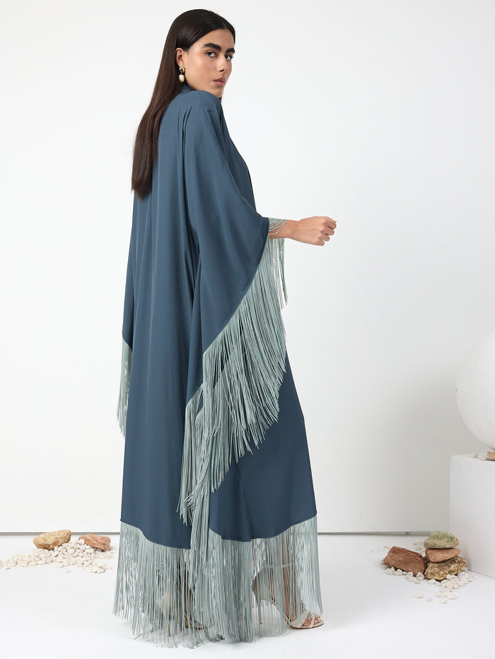 Mint Fringed Kaftan Dress With Tie Neck Detailed - Store WF