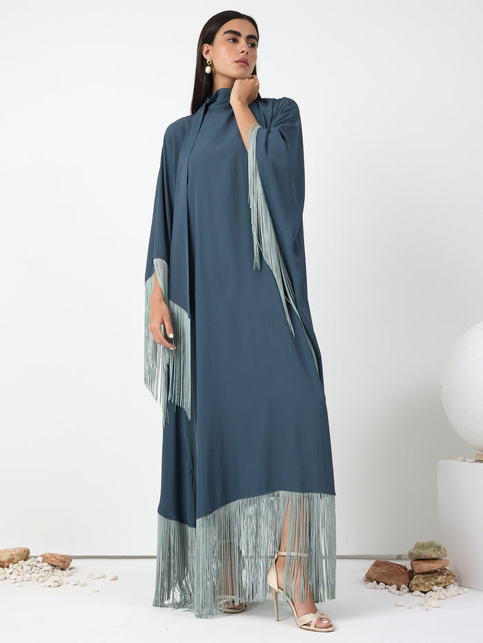 Mint Fringed Kaftan Dress With Tie Neck Detailed - Store WF
