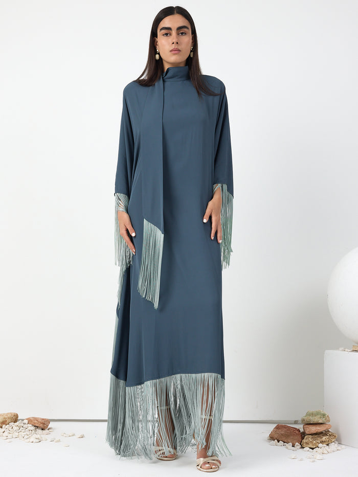 Mint Fringed Kaftan Dress With Tie Neck Detailed - Store WF