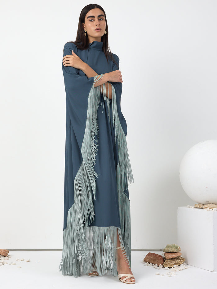 Mint Fringed Kaftan Dress With Tie Neck Detailed - Store WF