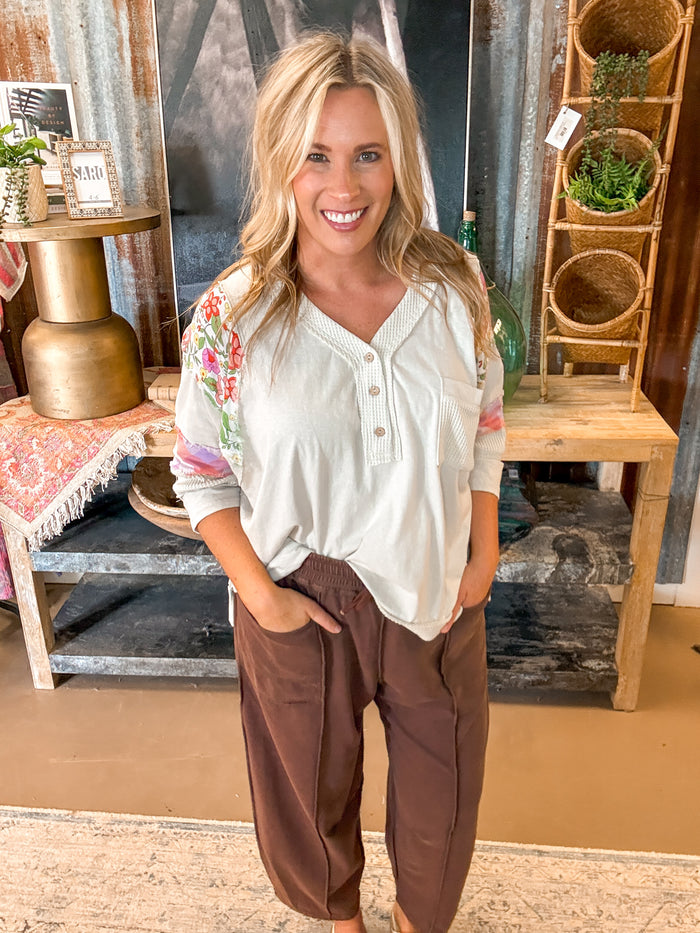 MIX PRINT HENLEY TOP