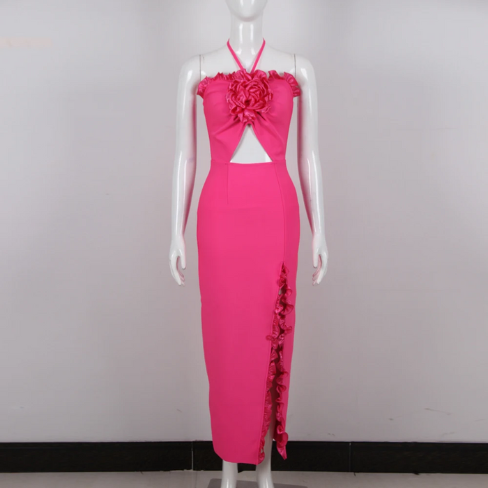 New Arrival Halter Floral Satin Dresses High Slit Sleeveless Bodycon Prom Dress Party Club Sexy Maxi Dresses