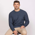 Man wearing Noble Wilde - Merino & Possum Riverton Sweater (NW1101) in the colour Neptune.