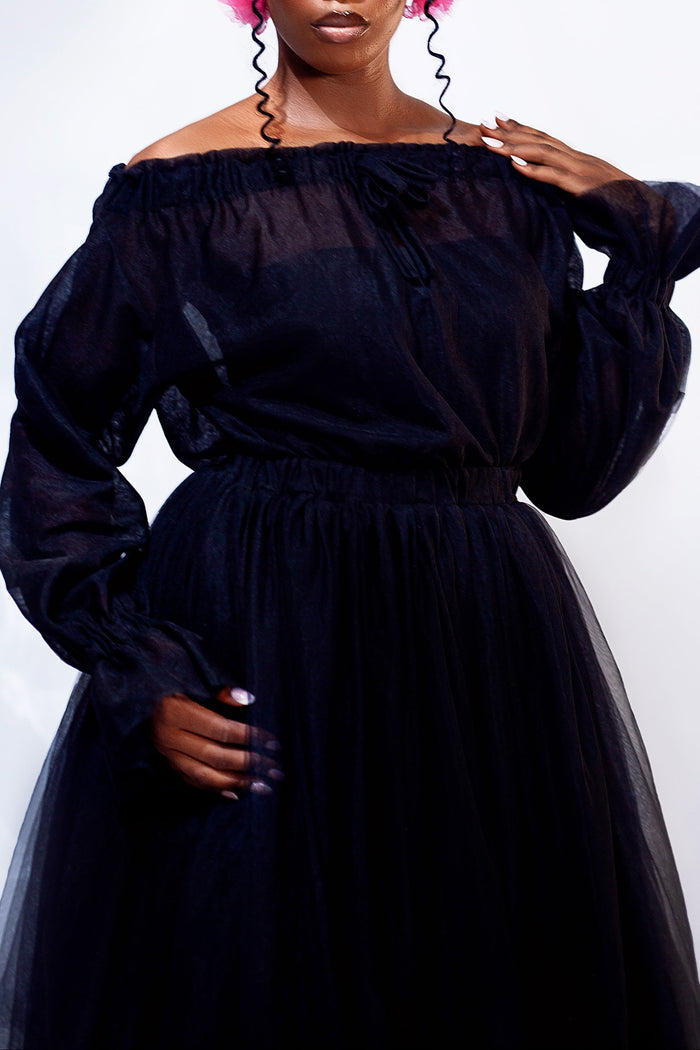 Noir Dress - Off-Shoulder Tulle Statement Dress - Dimaz