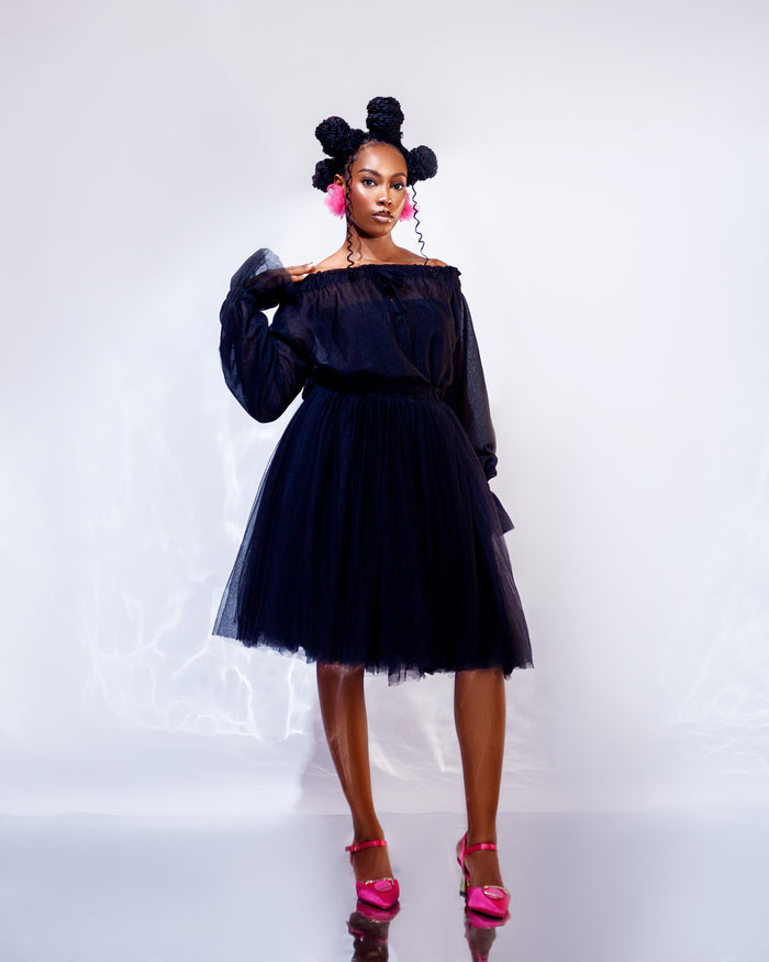 Noir Dress - Off-Shoulder Tulle Statement Dress - Dimaz