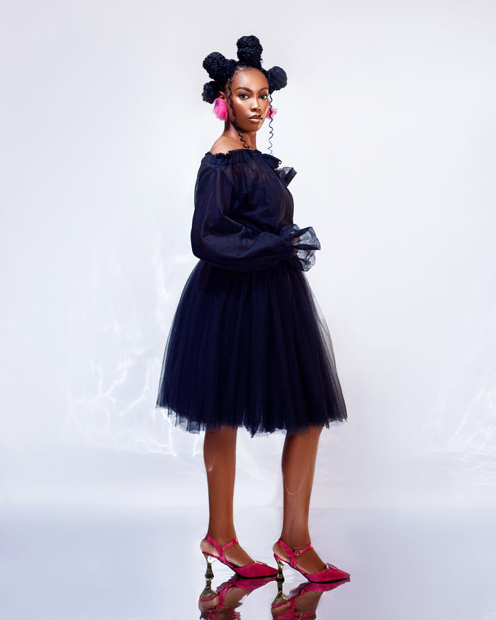 Noir Dress - Off-Shoulder Tulle Statement Dress - Dimaz