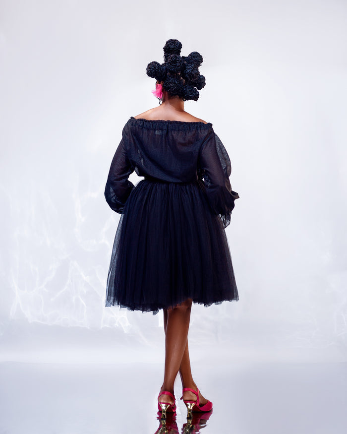 Noir Dress - Off-Shoulder Tulle Statement Dress - Dimaz