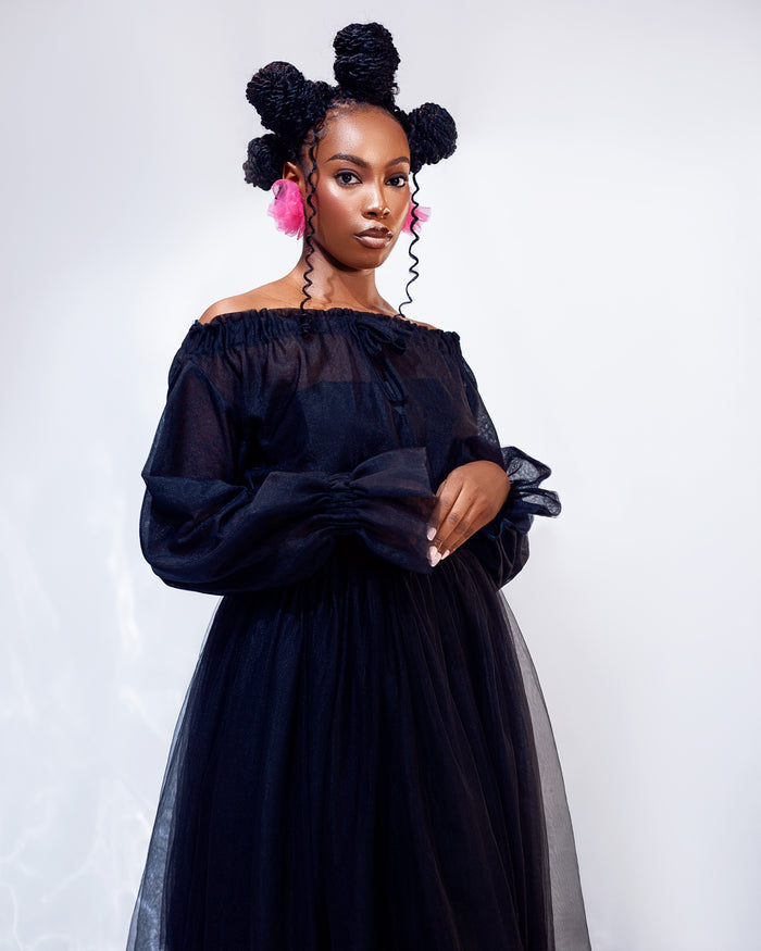 Noir Dress - Off-Shoulder Tulle Statement Dress - Dimaz