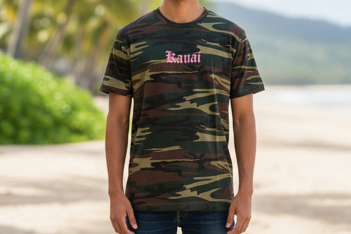 Camouflage-patterned shirt with 'Kavai' branding on a wooden surface
