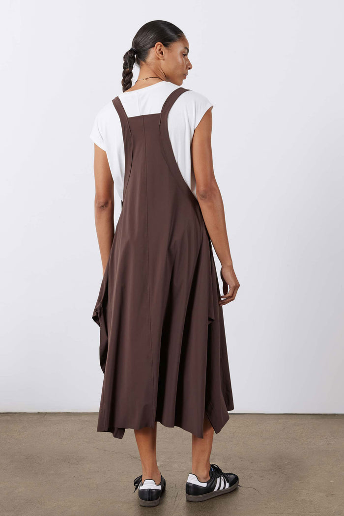 Back view of coffee-brown sleeveless sarafan dress with wide shoulder straps