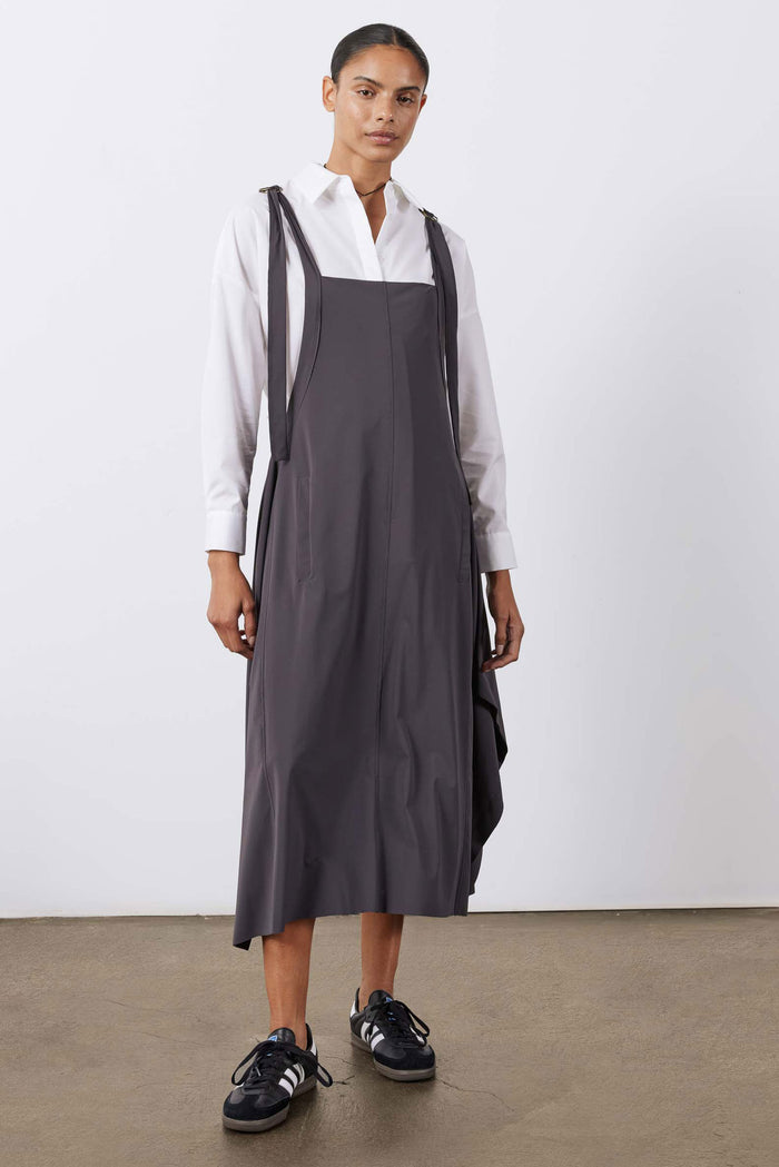 Graphite gray sarafan dress, square neckline, adjustable straps, with front patch pockets