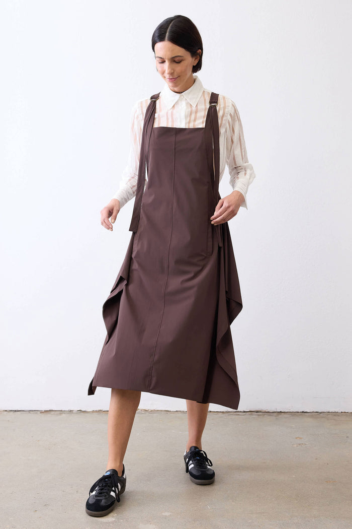 Coffee-brown midi sarafan dress with square neckline and draped front panels