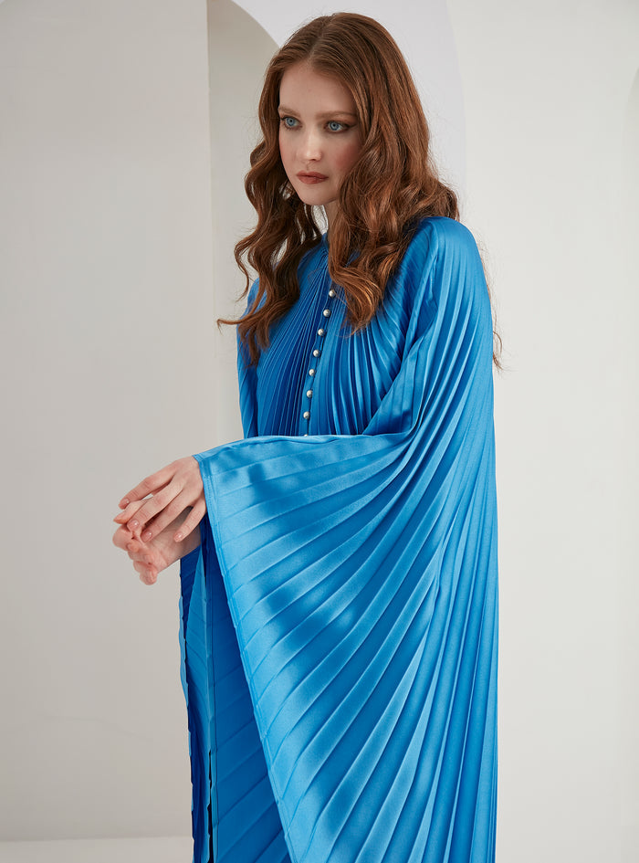 Pearls Button Plisse-Satin Maxi Dress Kaftan Blue - Store WF