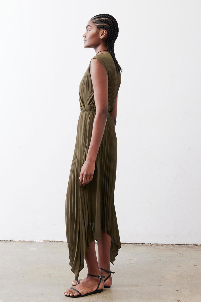 Olive pleated wrap dress, sleeveless drape with high-low asymmetrical hem.