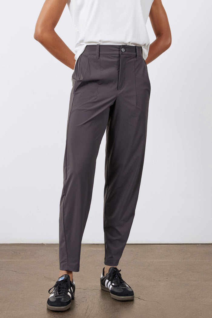 Graphite not-tapered pants with button waist, belt loops, and straight-to-slight taper