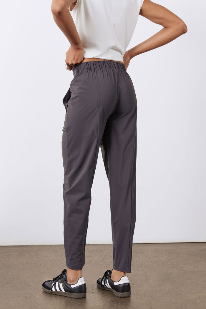 Graphite pull-on pants with elastic waist and gathered cuffs, tapered fit