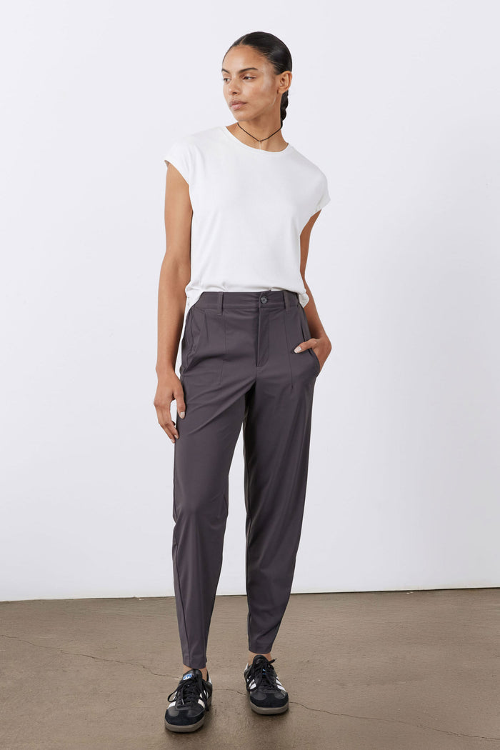 Graphite relaxed trousers with button waist, belt loops, and side pockets