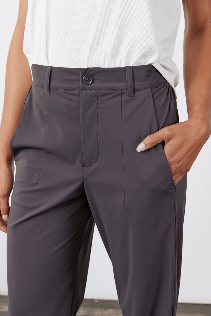 Graphite not-tapered pants with button waist and belt loops, side pockets