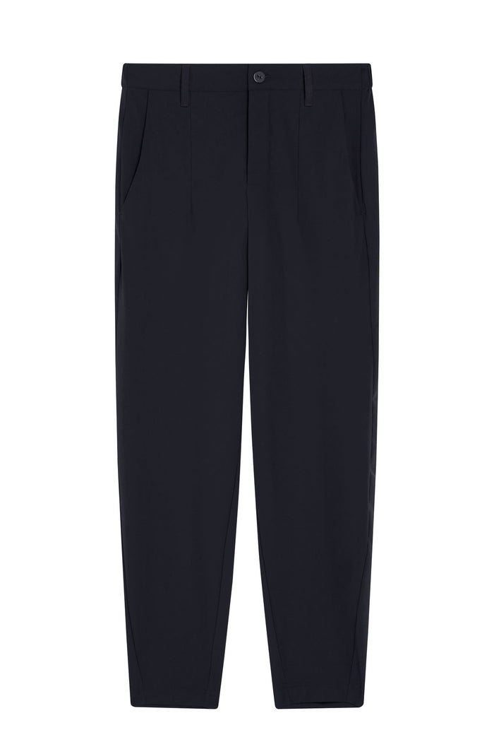 Black tapered pants with button closure and clean flat front.