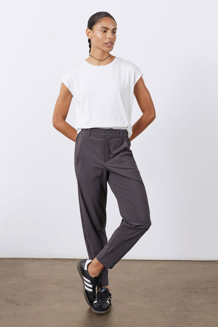 Graphite relaxed-fit pants with button waist and belt loops, knee-to-ankle taper