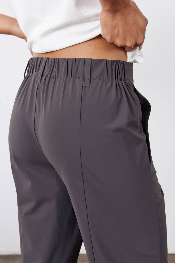 Graphite pull-on pants with elastic waistband and front seam details