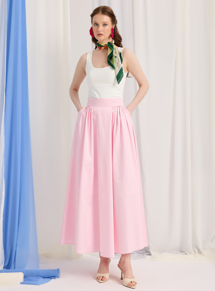 Pink Cotton-Poplin Plited Maxi Skirt - Store WF