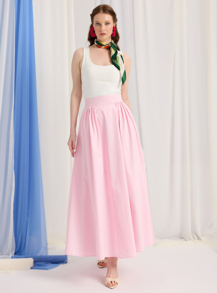 Pink Cotton-Poplin Plited Maxi Skirt - Store WF