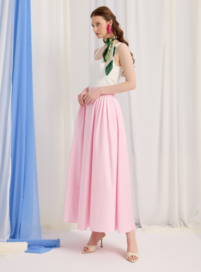 Pink Cotton-Poplin Plited Maxi Skirt - Store WF