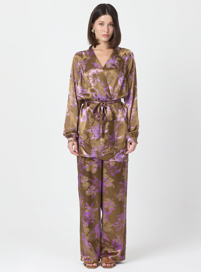 Pink Floral Print Kimono Set with Elastic Waist Pants - Store WF